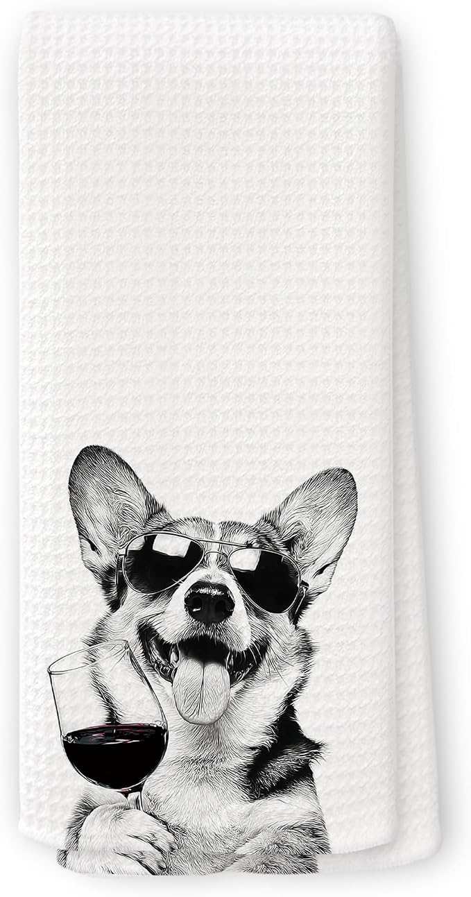 Funny Poodle Corgi Kitchen Towels, Gifts for Dog Wine Lovers, Bar Accessories Dish Tea Towels for Kitchen, Dog Owners Housewarming Gift Decorative Hand Towel 16x24 Inch