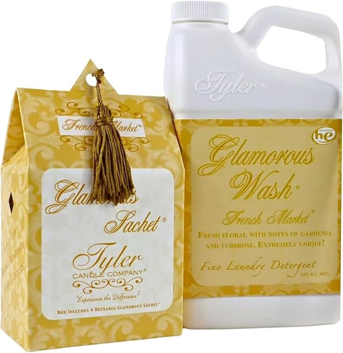 Elanze Designs Tyler Candle FRENCH MARKET - Glam Wash - 32 Ounce Liquid Laundry Detergent and Scented Sachet Bundle
