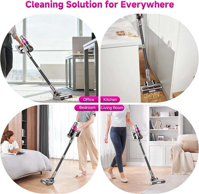 Cordless Vacuum Cleaner: Portable 6-in-1 Stick Vacuum with Anti-Tangle Brush, LED Headlight, Self-Standing, HD Display-Purple