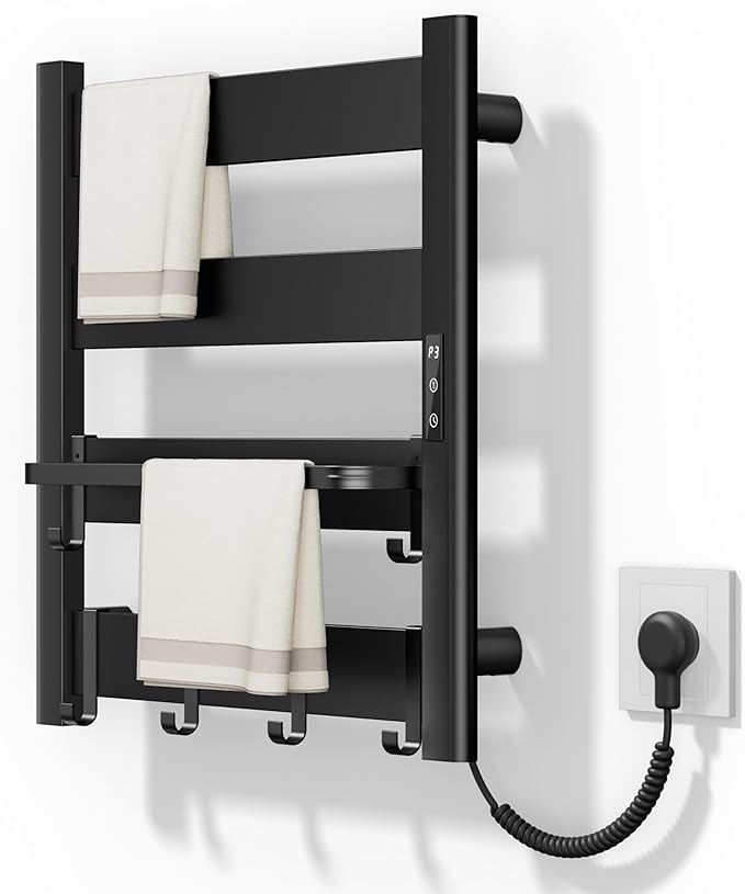 4-Bar Heated Towel Rack for Bathroom with Shelf and Hooks, Wall Mounted Plug-in Electric Towel Warmer, Fast PTC Heating in 6 Minutes, 3 Temperature Levels & 6 Timer Settings, Matte Black