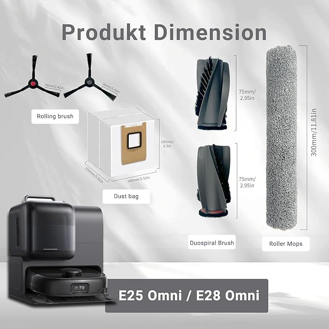 Replacement Parts Kit Compatible with Eufy Omni E25 / E28, Vacuum Cleaner Accessories Includes:1 Mop Roller Brush,1 Set Main Brush,4-Side Brush,3-Filter,4-Disposal Dust Bags