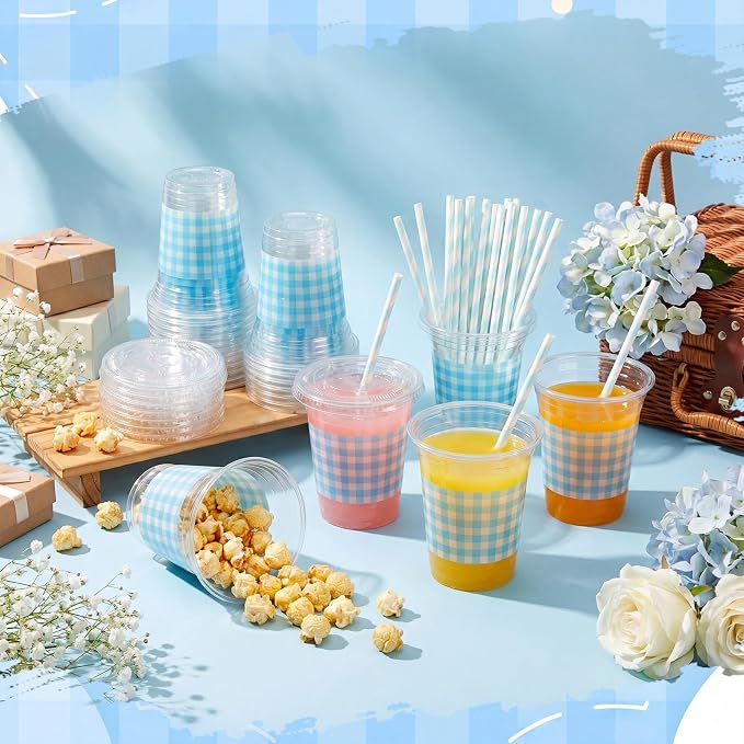 Domensi 25 Sets Blue and White Gingham Plastic Cups with Lids and Paper Straws 12oz Checkered Disposable Drinking Cups Bulk for Cold Drinks Baby Shower Wedding Birthday Summer Party Supplies