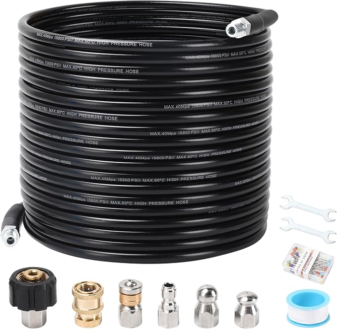 Sewer Jetter Kit for Pressure Washer, 100FT Drain Cleaning Hose with Corner Rotating and Button Nose Nozzles, 1/4" NPT Sewer Jet Nozzle Set with Spanner, Tape, Pins, 5800 PSI