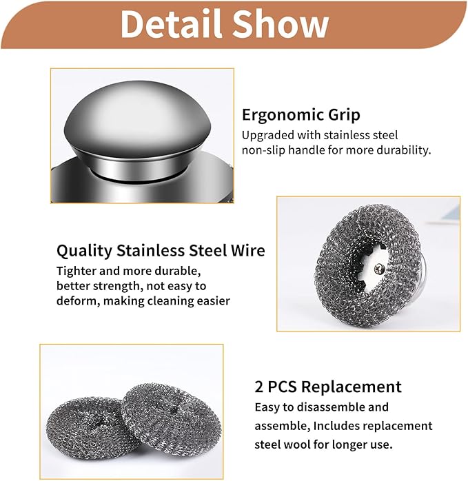 Cast Iron Scrubber Set with Steel Wool Scrubber Set, 316 Chainmail Scrubber, Upgraded Chain Mail Scrubber Sponge,Stainless Steel Scrubber with Handle(6 Pcs)