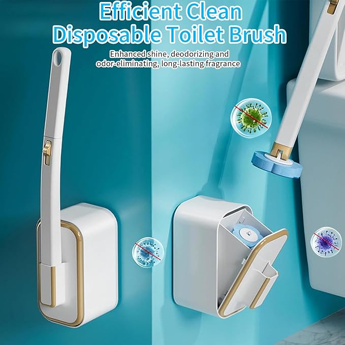 Disposable Toilet Brush with 48 Replacement Heads, Wall-Mounted Toilet Brush, Suitable for Cleaning Toilet Bowls, bathtubs, Bathroom Floors and Other Surfaces (Refill Heads with Built-in Cleaner)