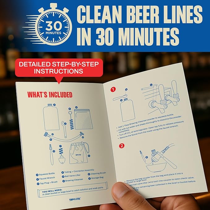 Kegerator Cleaning Kit with 1 LB Beer Line Cleaner Made in USA – 30+ Uses, Complete Keg Cleaning Kit with Metal Coupler, Squeeze Bottle, Wrench, Detailed Instructions, Storage Bag & Beer Tap Brush
