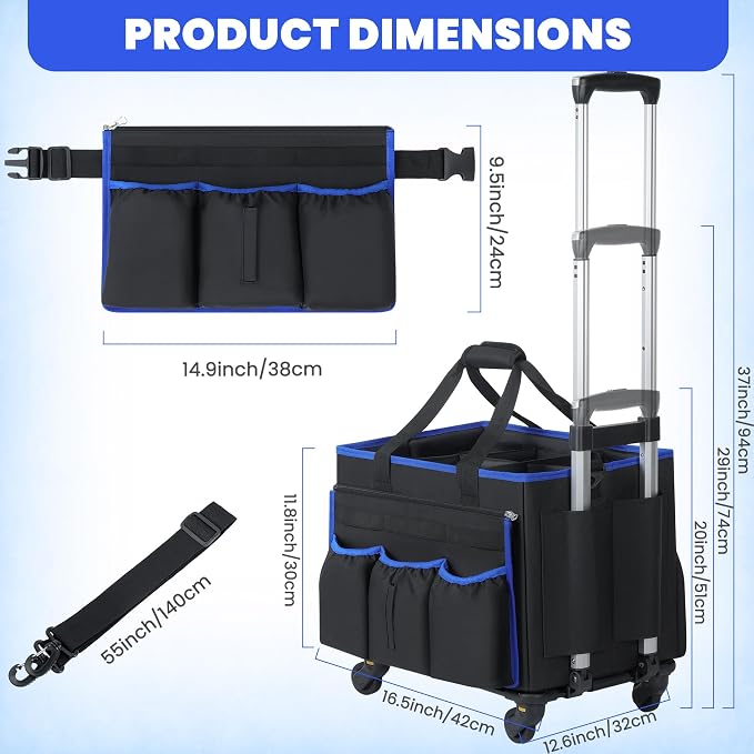 Large Rolling Cleaning Caddy Bag with Detachable Trolley, Cleaning Supplies Organizer Caddy on Wheels with Multi-pocket & Waist Pouch, Water Resistant Cleaning Cart with Shoulder Strap for Housekeeper
