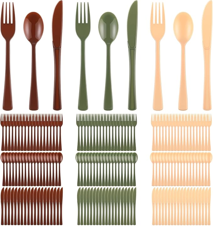 Minatee 180 Pcs Woodland Party Plastic Silverware Heavy Duty Cutlery Sets Disposable Utensils for Holiday Birthday Themed Party Supplies, 60 of Each Forks Knives Spoons