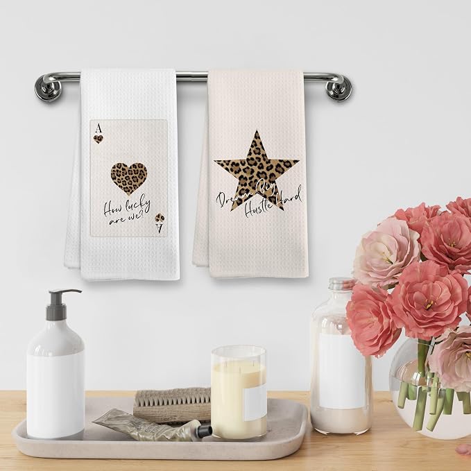 Trendy Leopard Cheetah Print Poker Lucky 8 Ball Bathroom Decor, Preppy Beige Neutral Leopard Decor Dish Hand Towels for Bathroom Kitchen Sets of 2, Cheetah Kitchen Towels and Dishcloths,16x24