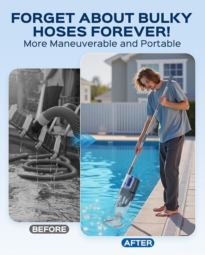 Cordless Handheld Pool Vacuum Cleaner with Telescopic Pole, 26.5 GPM Powerful Suction, Longer 1H Runtime, Portable Pool Vacuums for Above Ground/Inground Pools, Hot Tubs, Spas, Titanium Blue