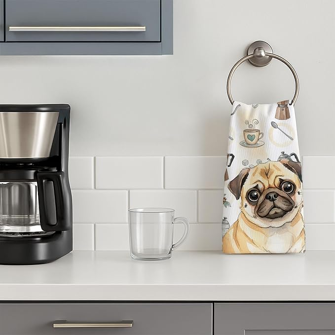 Caroline's Treasures Fawn Pug Coffee Bar Kitchen Towel Velour Plush Front and Cotton Loop Back Machine Washable