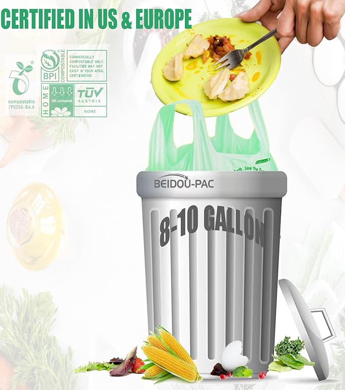 BEIDOU-PAC 8-10 Gallon Compostable Trash Bags, 60 Count - Kitchen & Food Scrap Waste Bags, Sturdy & Biodegradable, ASTM D6400, US BPI Certified