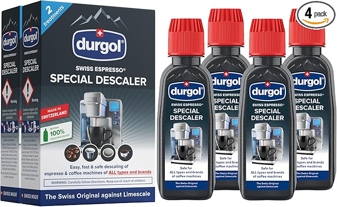 Durgol Swiss Espresso, Descaler and Decalcifier for All Brands of Espresso Machines and Coffee Makers, 4.2 Fluid Ounces (Pack of 4)