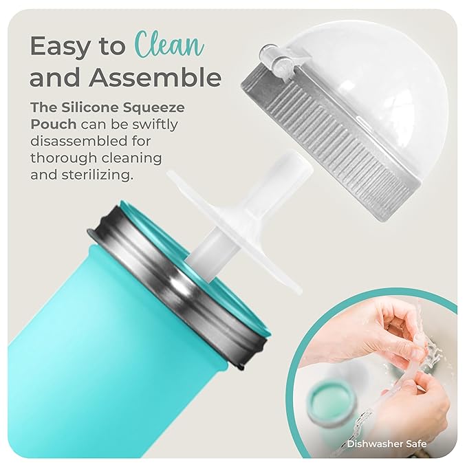Mason Bottle 8oz Silicone Squeeze Pouch with Straw – Reusable Baby Food and Snack Pouch for Toddlers – Soft Food and Liquid Bottle - BPA & BPS-Free, Non-Toxic, Made in USA (Teal)