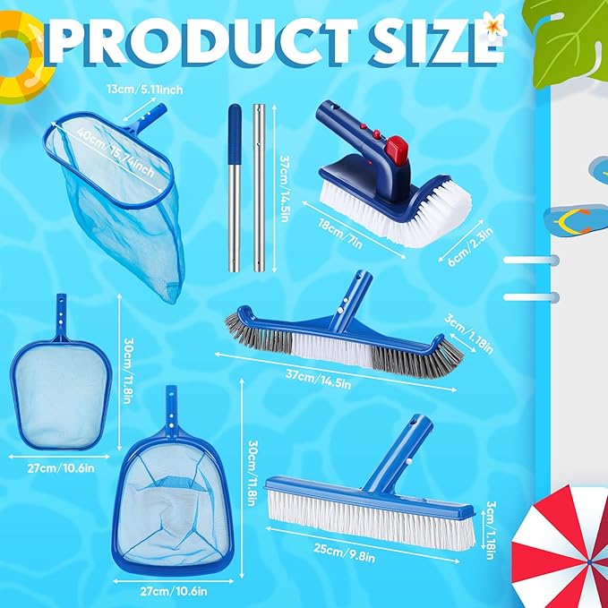 FillTouch Swimming Pool Cleaning Kit Including 3 Pool Skimmer Net 3 Brush and Aluminum Adjustable Pole for Cleaning Walls Ideal Clean Kit for Above Ground