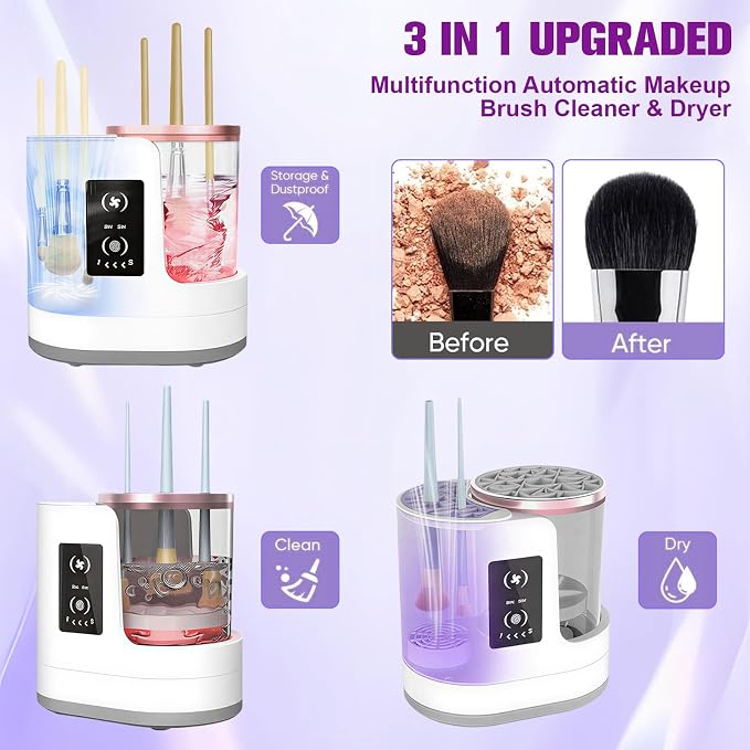 Electric Makeup Brush Cleaner, 3 IN 1 Automatic Brush Cleaning Machine with Cleaning & Drying, Portable USB Deep Cleaning Makeup Brush Dryer for All Size Beauty Makeup Brush Set (White)