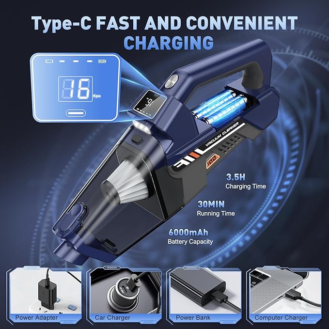 Handheld Vacuum Cordless, 16000PA High Power Car Vacuum Cleaner, Portable Hand Held Vacuum Cleaner with LED Light & Multi-Nozzles, Dust Buster Rechargeable for Home, Car, Office, Pet