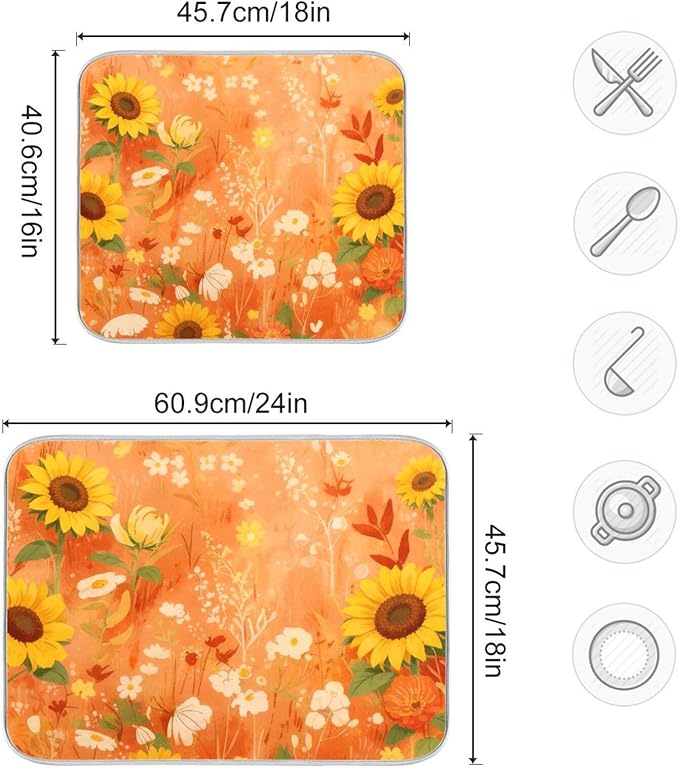Fall Dish Drying Mat Microfiber Dish Drying Pads Kitchen Counter Draining Pad Sunflower Cornflower Poppy 16 x 18 Inches
