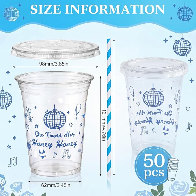 Qinyoung 50 Sets She Found Her Honey Honey Bridal Shower Decorations Disco Plastic Cups with Lid and Straws 16 oz Bachelorette Party Decorations for Engagement Wedding Guest