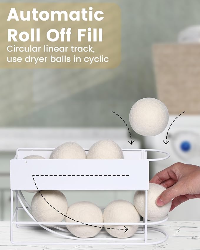 Dryer Ball Holder with Magnetic Back for Laundry Room Organization and Storage, Automatic Dryer Ball Roller Chute Container, White (No Balls)