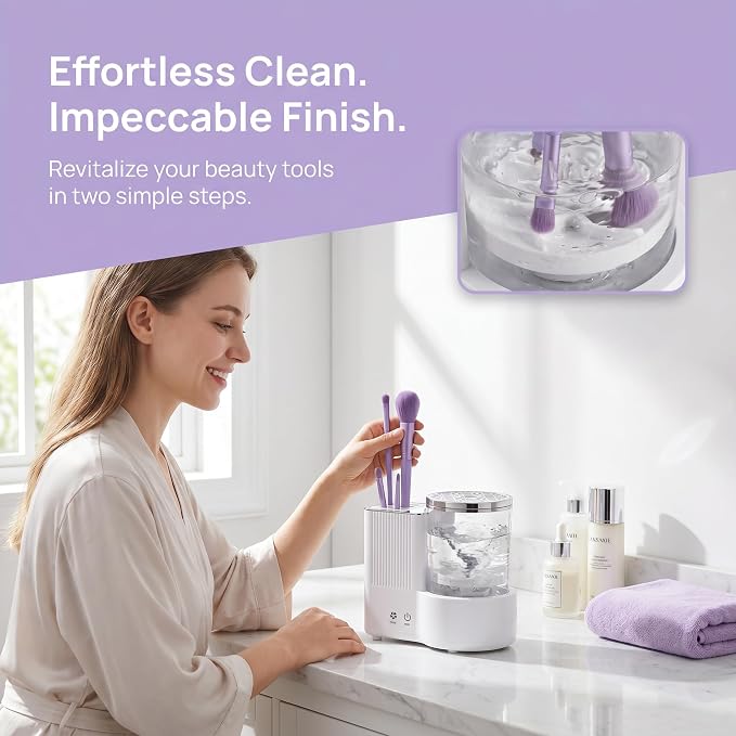 Makeup Brush Cleaner and Dryer Machine, 2-in-1 Electric Brush Cleaner with 360° Dual Rotation, Wet-Dry Separation, Multi-Brush Holder for All Size Makeup Brushes, 5-Min Fast Clean & 1/2H Timed Dry