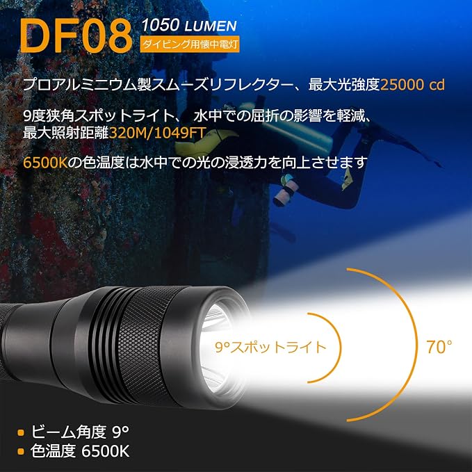 SecurityIng Waterproof 1000 Lumens LED Diving Flashlight Underwater 150m Super Bright LED Scuba Light, 9 Degrees Narrow-Angle Beam Diving Safety Light Night Dive Torch