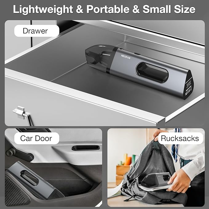 NEXPOW Handheld Car Vacuum Cleaner High Power with Dual Filter,8000PA Compact Handheld Vacuum Cleaner,Hand held Vacuum Cordless Rechargeable for Car Interior Care in Gray Aluminum Alloy