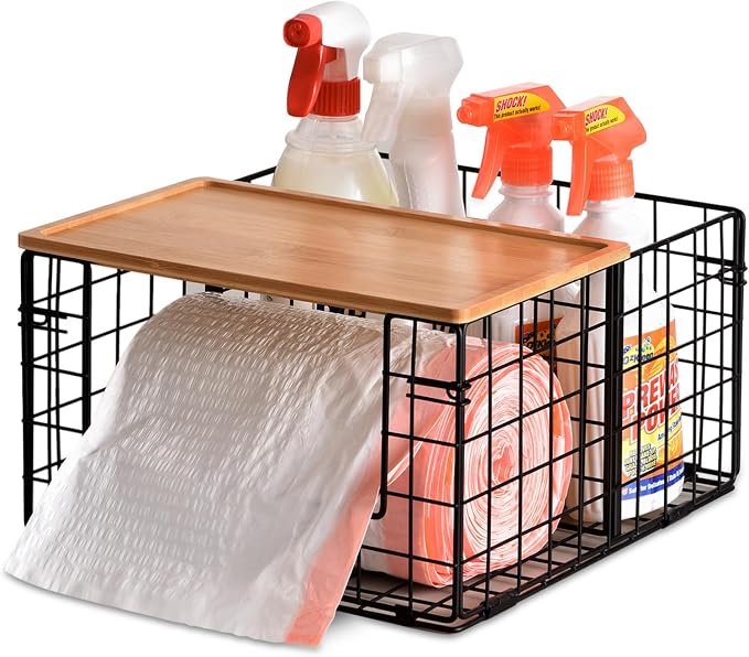 Trash Bag Dispenser Under Sink - 3-in-1 Metal Wire Plastic Trash Bag Holder with Bamboo Lid - Fits Large Trash Bag Rolls for Kitchen Cabinet, Pantry & Garage - Space-Saving Garbage Bag Dispenser