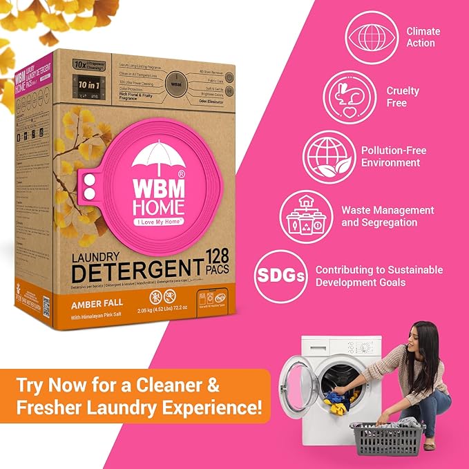 WBM Home Laundry Detergent Pods, Total 128 Count | Amber Fall Fragrance | 10 in 1 Laundry pods Detergent Ultra Power Cleaning with Plant-Based Scent, Extra Protection With 4D Stain Remover