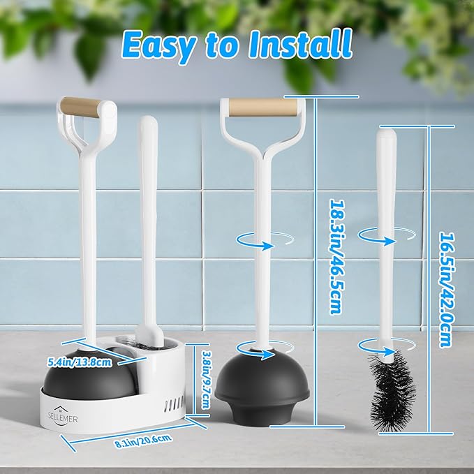 Sellemer 2 in 1 Toilet Brush and Plunger Set, Curved Design Head for Deep Clean, Heavy Duty Toilet Bowl Brush and Plunger Combo with Holder for Bathroom,White, 2 Pack
