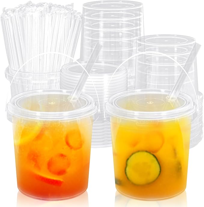 JarThenaAMCS 50 Sets Clear Plastic Cups with Lids & Straws 34 Oz Drink Bucket with Handle Disposable Cocktail Pails for Beach Pool Birthday Baby Shower Party Supplies