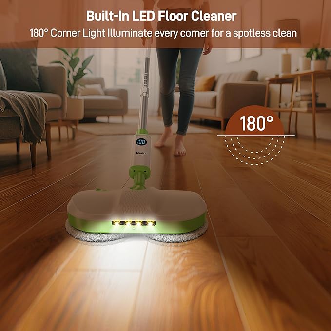 AlfaBot Cordless Electric Mop, Electric Mop Floor Cleaner with LED Headlight & Water Sprayer, Up to 60 Mins, Self-Propelled with Big Water Tank for Multi-Surface
