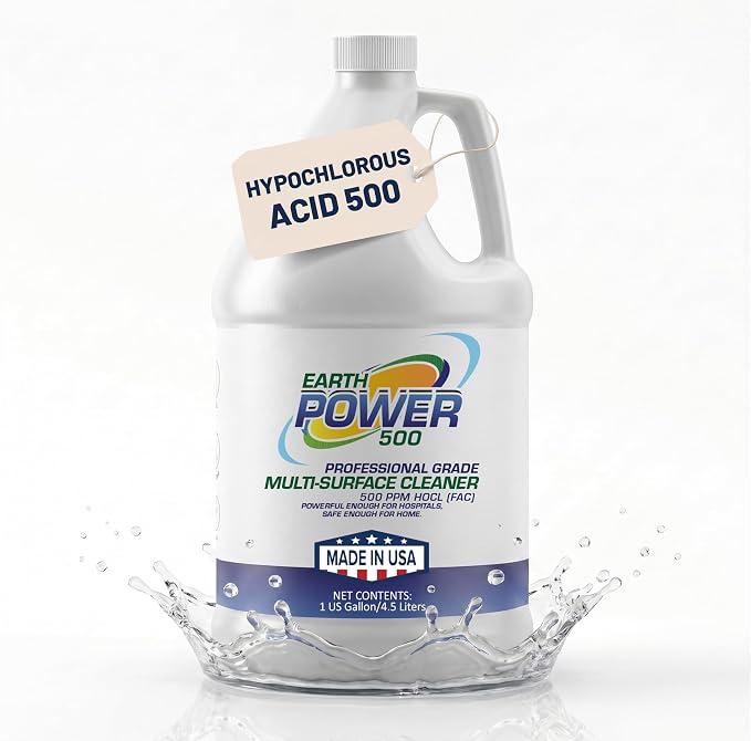Earth Power Hypochlorous Acid 500 PPM Multipurpose Cleaner – Natural & Non-Toxic – Tile, Refrigerator, Shower, Countertop & Floor Cleaner – Family, Food & Pet Safe Cleaning Supplies – 1 Gallon