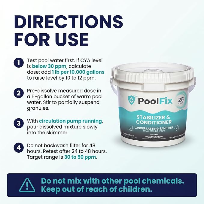 Stabilizer & Conditioner - Easy Latching Bucket for Swimming Pools | Cyanuric Acid for Pool Water Balance, Increase Chlorine Efficiency | Long-Lasting Chlorine Stabilizer (25 Pounds)