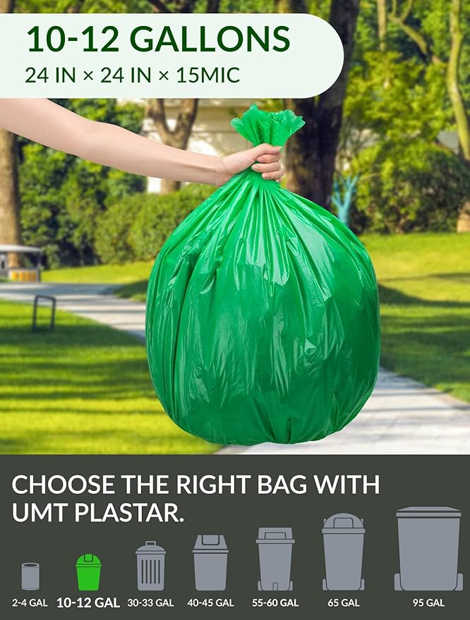 UMT Plastar 400 Count Compostable Trash Bags 10-12 Gallon, 24 x 24 Inch Biodegradable Kitchen Garbage Bags 15 Micron, Green Eco Friendly Small Trash Bags for Home, Office & Bathroom