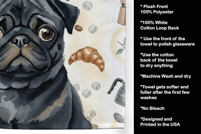Caroline's Treasures Black Pug Coffee Bar Kitchen Towel Velour Plush Front and Cotton Loop Back Machine Washable