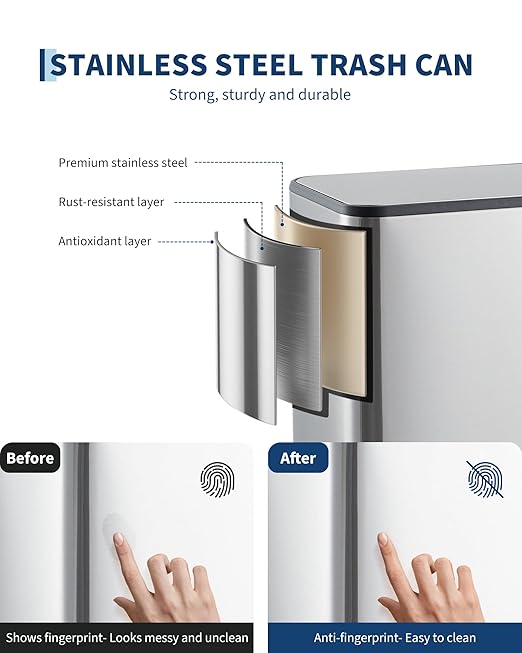 GarveeHome 3.4 Gallon Small Bathroom Trash Can, Stainless Steel Garbage Can with Quiet Soft-Close Lid, Foot Pedal & Removable Inner Bucket for Home, Office, Silver