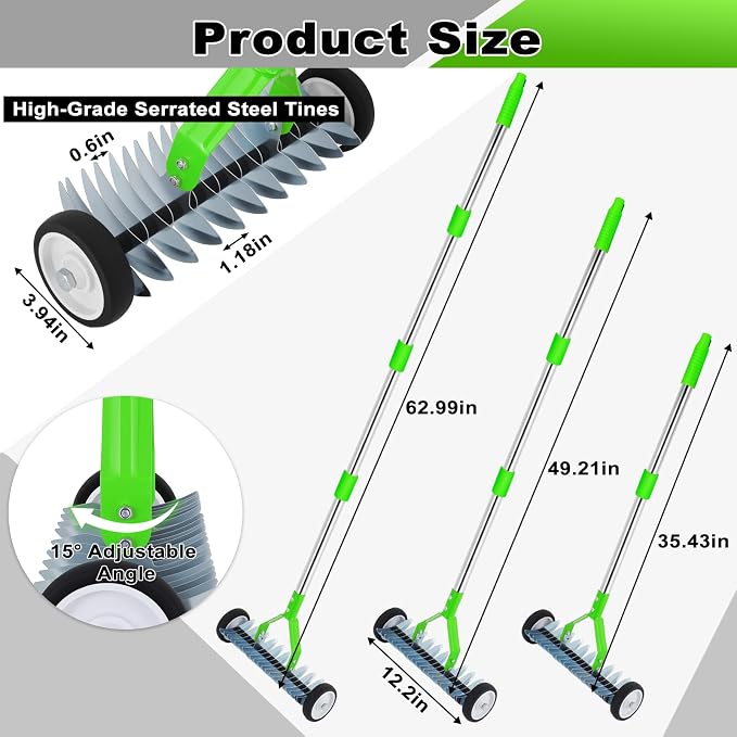 Rolling Thatch Rake for Lawns, 15.28 Inch Steel Dethatcher Rake with Wheels, Adjustable 0-15° Angle & 62.99 Inch Handle, Heavy-Duty Yard Tool for Dead Grass/Moss Removal & Lawn Care