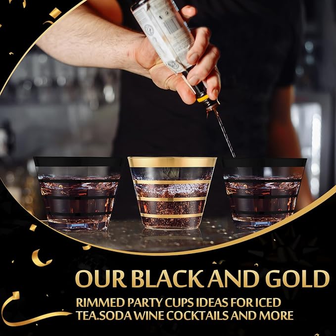 Gejoy 9 oz 100pcs Graduation Rimmed Stripe Plastic Cups Bulk Disposable Wine Hard Plastic Drinking Cocktail Cups Tumblers for Wedding Gathering Party Supplies(Gold, Black)