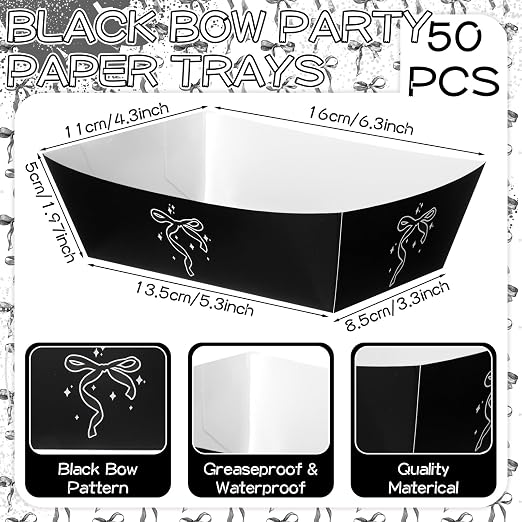 Geosar 100 Pcs Coquette Bow Paper Food Trays Bulk Bow Party Supplies Birthday Decor Disposable Food Boat Trays with Wax Paper Sheet Wrapping for Wedding Bridal Party Supplies(Black)