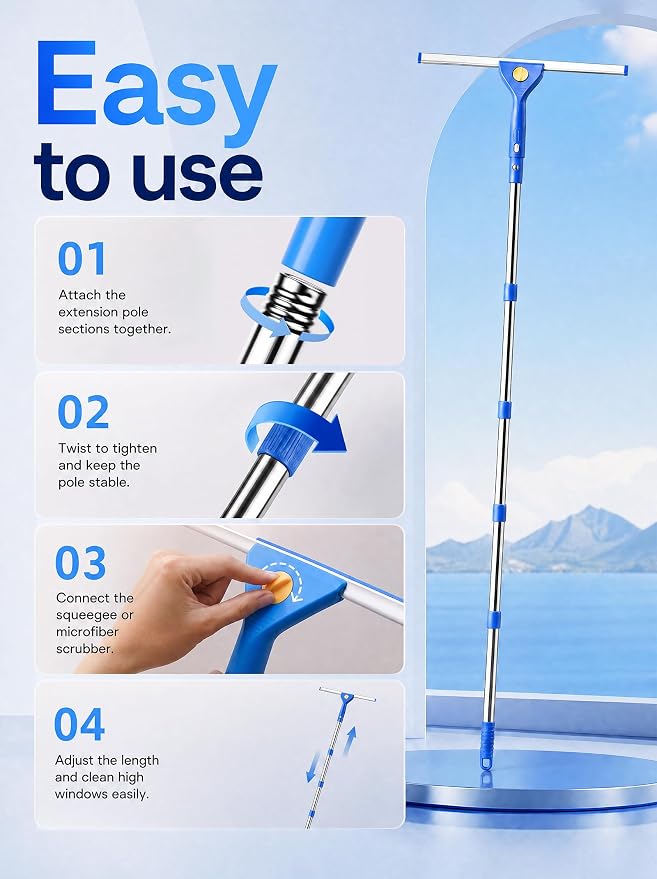 Window Cleaning Kit with Bucket, Window Squeegee and Microfiber Scrubber, 76-Inch Extension Pole Window Washer Set for Glass Doors, Shower Doors, Mirrors and Car Windows