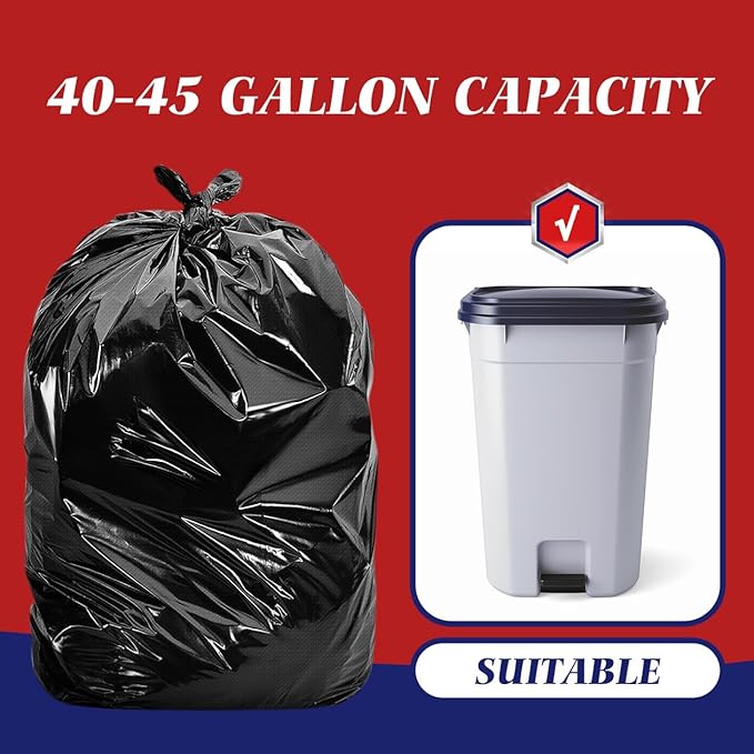 Teivio Trash Bags, 40-45 Gallon, 100 Count, Black, for Bathroom, Office, Industrial, Commercial, Janitorial, Municipal, Recycling