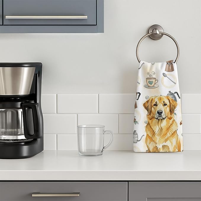 Caroline's Treasures Lion Yellow Leonberger Coffee Bar Kitchen Towel Velour Plush Front and Cotton Loop Back Machine Washable