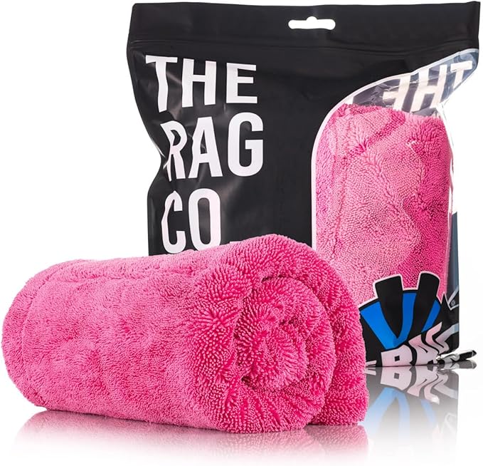 The Rag Company, The Liquid8r M22, Absorbent 70/30 Blend Microfiber Drying Towel for Cars, Trucks, and SUVs, Safe for Detailing, Scratch-Free, Twist Loop, 1100 GSM, 20x20 Inches, Pink