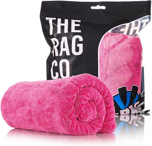 The Rag Company, The Liquid8r M22, Absorbent 70/30 Blend Microfiber Drying Towel for Cars, Trucks, and SUVs, Safe for Detailing, Scratch-Free, Twist Loop, 1100 GSM, 20x20 Inches, Pink