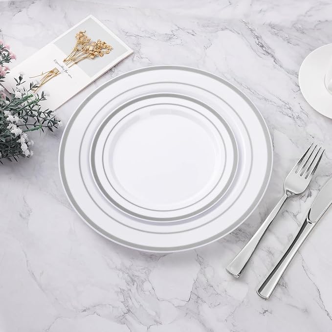 BESTVIP 200PCS Silver Plastic Plates, 10.25 Inch Disposable Dinner Plate Party with Silver Rim for Christmas, Thanksgiving, Heavy Duty Disposable Plastic Plates for Party, Wedding and Birthday, Events