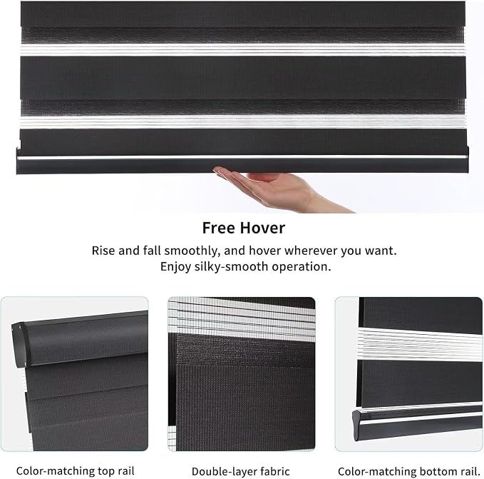 MYshade Cordless Zebra Blinds with Free-Stop Function - Dual Layer Light Filtering & Privacy Sheer Shades for Day and Night - Easy Install Window Shades for Home, Living Room, 33" W x 64" H,Black