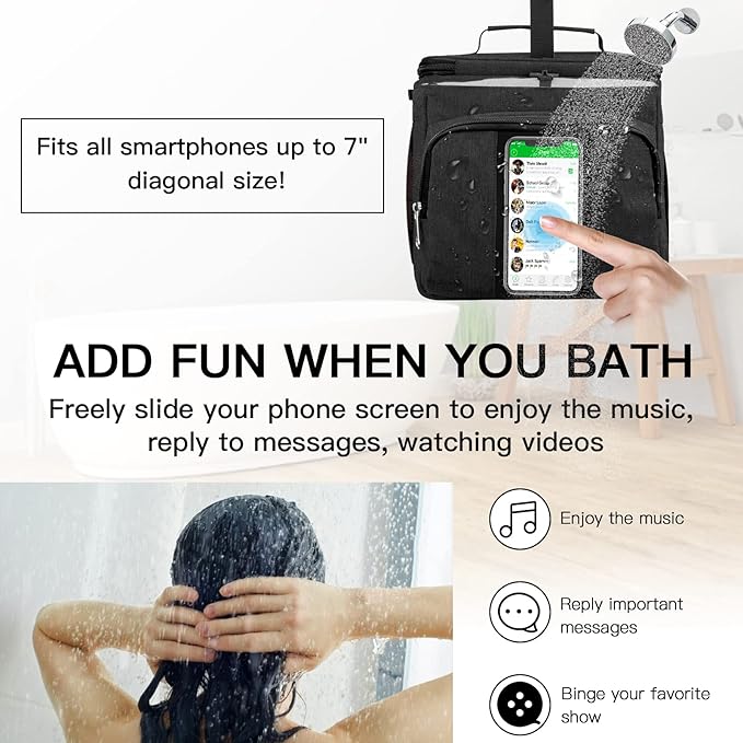 Bukere Portable Shower Caddy Tote Bag for College Dorm Travel, Separate Compartment, Large Capacity, Quick Dry Mesh Base, Hanging Toiletry Bath Bag for Student, Gym, Camp, Women Men (BLACK&BLACK)
