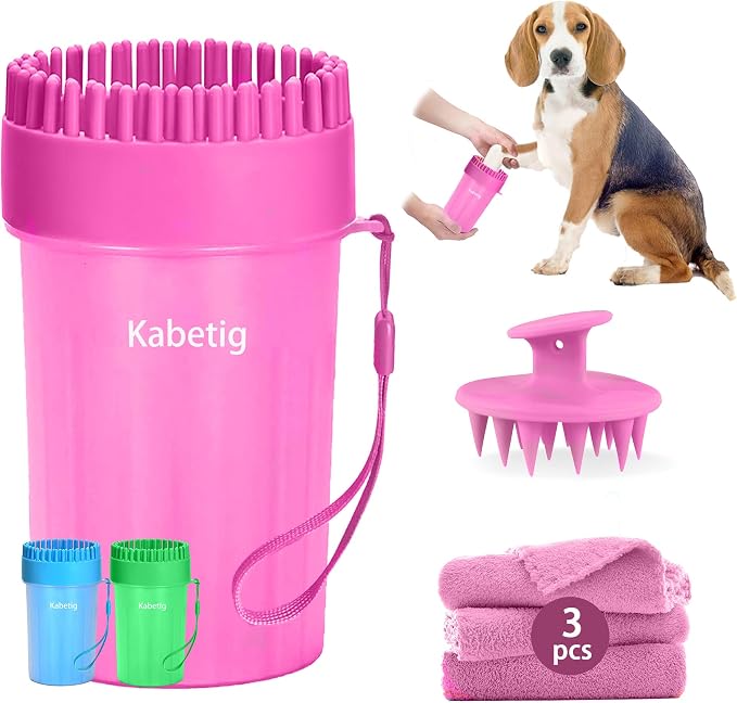 Paw Cleaner for Small/Medium Dogs - Grabs Loose Fur with Top Brush | Clean muddy paws fast. Attached top brush grabs loose fur. No extra tools. Comes with bath brush & 3 towels. Less fur. Pink