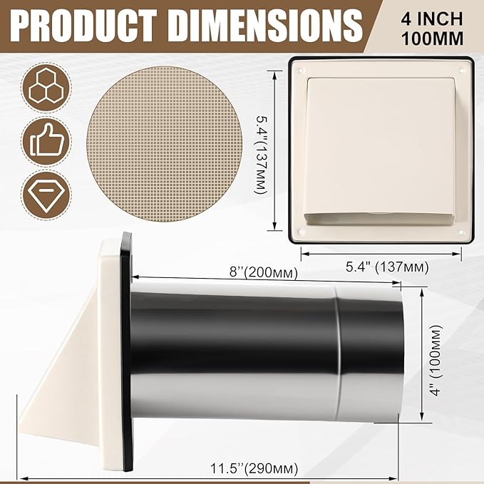 Gisafai 4" Dryer Vent Cover Outside with Stainless Steel Mesh Wall Dryer Exhaust Cap and Removable Extended Pipe Vent Shroud Hood Cushioned Non Return Flap with Sealing Gasket Grille(Tan)